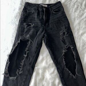 Zara High Rise Fish Net Black Distressed Jeans